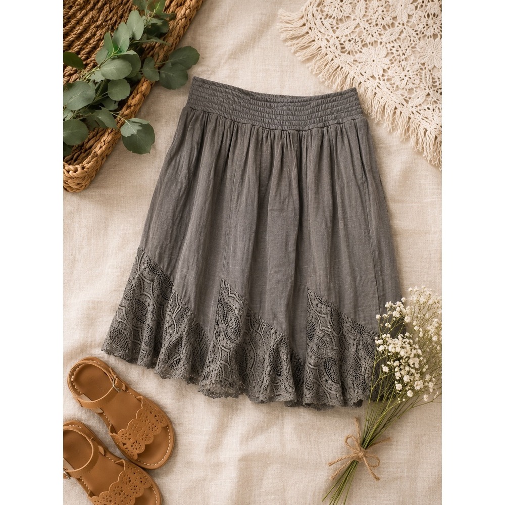 Apt 9 Smocked Waist Lace hem midi skirt size Large Gray Boho earthy Cottagecore